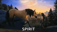a girl standing next to a horse that says spirit on the bottom