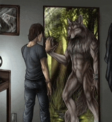 a man is standing in front of a mirror with a picture of a werewolf on the wall .