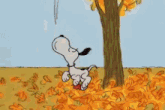 a cartoon of snoopy running in a field with a house in the background