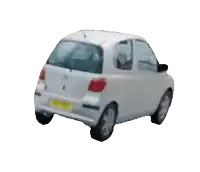 a white car with a yellow license plate that says ' vw ' on the back