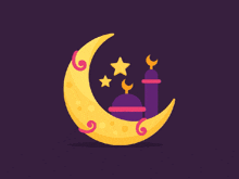 an illustration of a crescent moon with two stars