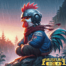 an illustration of a rooster wearing a helmet and scarf with sv388 on it