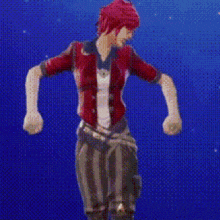 a person with red hair is dancing on a blue background .
