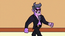 a cartoon of a man in a suit and sunglasses is walking down a hallway .
