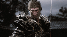 a monkey with a beard is holding a spear in his right hand
