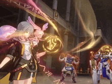 a group of anime characters are standing in front of a sign that says ' i 'm sorry '