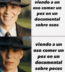 a man in a suit and tie is smiling and looking at the camera while wearing a hat .