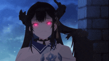 a girl with red eyes has the numbers x and y on her hair