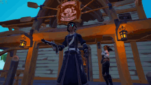 a man holding a gun in front of a building with a sign that says grand marine