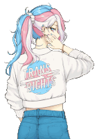 a girl with pink and white hair is wearing a white shirt that says trans rights