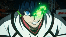 a close up of a person with a green eye