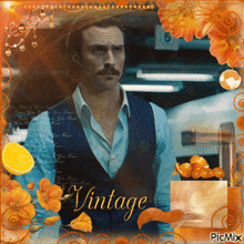 a picture of a man with a mustache is surrounded by orange flowers and the word vintage