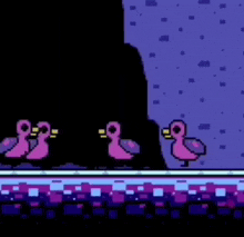 a group of pink ducks are standing next to each other on a purple surface in a video game .