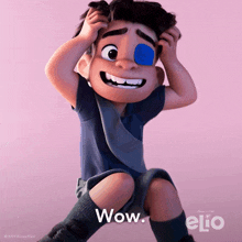 a cartoon character with one eye and the word wow on the bottom right