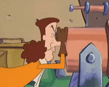 a cartoon character is looking through a telescope while wearing a glove .