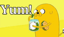 a cartoon character from adventure time is holding a jar of pickles and a sandwich in his hands .