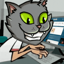 a cartoon cat is typing on a keyboard in front of a monitor that says ink