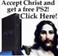 a picture of jesus holding a ps2 next to a picture of a computer .