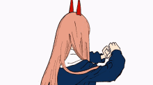 a drawing of a girl with long pink hair and horns