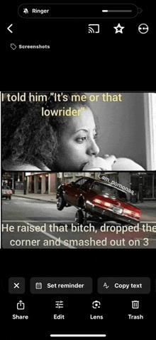 a black and white photo of a woman and a red car that says " i told him "