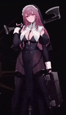 a nun is holding an axe and a briefcase with an ankh symbol on it