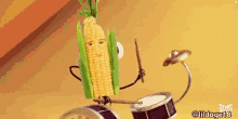 a corn on the cob is playing a drum set