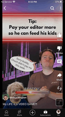 a screen shot of a video game that says tip pay your editor more so he can feed his kids