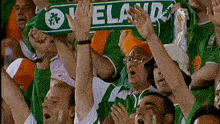 a group of people holding up a ireland scarf