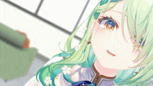 a close up of a girl with green hair