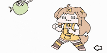a cartoon drawing of a girl holding a green object with a face on it