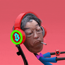 a man wearing headphones has a green b on his head