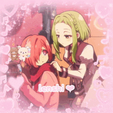 a picture of two anime girls with the name lenshi on the bottom right