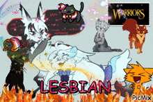 a collage of warriors cats with the word lesbian in the middle