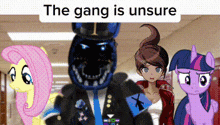 a group of cartoon characters standing next to each other in a hallway with the words `` the gang is unsure '' .