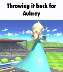 a picture of a video game character with the words throwing it back for aubrey