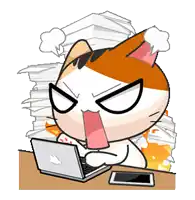 a cartoon cat is sitting at a desk with a laptop and a phone