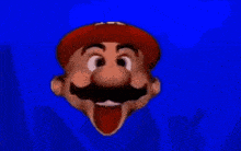 a close up of a cartoon character 's face with his tongue out .
