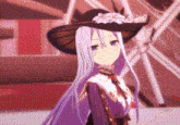 a girl with long purple hair and a black hat