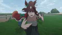 a cartoon character with a bandage on her chest is running on a grassy field