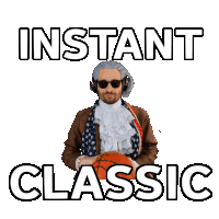 a man in a suit is holding a basketball with the words instant classic behind him