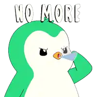 a cartoon of a penguin with water coming out of its mouth and the words " no more " below it