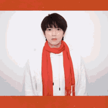 a young man wearing a white sweatshirt and a red scarf around his neck
