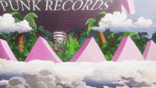 a sign for punk records with pink pyramids and palm trees