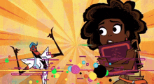 a cartoon drawing of a woman holding a book and a man with a star on his head