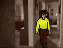a pixel art of a person walking down a hallway in a house .