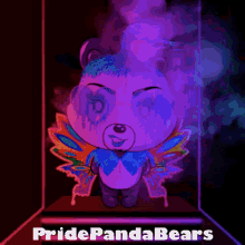 a picture of a panda bear with wings and the words pridepandabears on the bottom