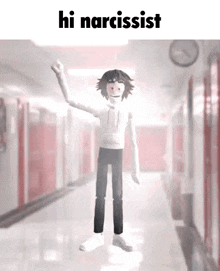 a cartoon character is standing in a hallway with the words `` hi narcissist '' written on it .