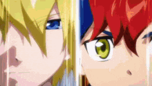 a close up of two anime characters ' faces with green eyes .