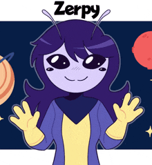 a cartoon character named zerpy with purple hair