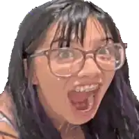 a close up of a woman wearing glasses with her mouth open